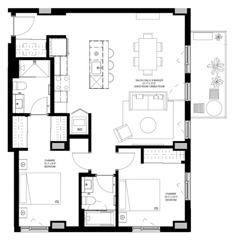 Floor plan for 2 beds, 2 baths, 987 sqft